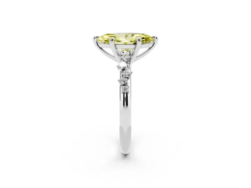 Fancy Yellow Marquise Cut Diamond Solitaire Vine Band Ring Set in Platinum with Round Accents and Prong Setting