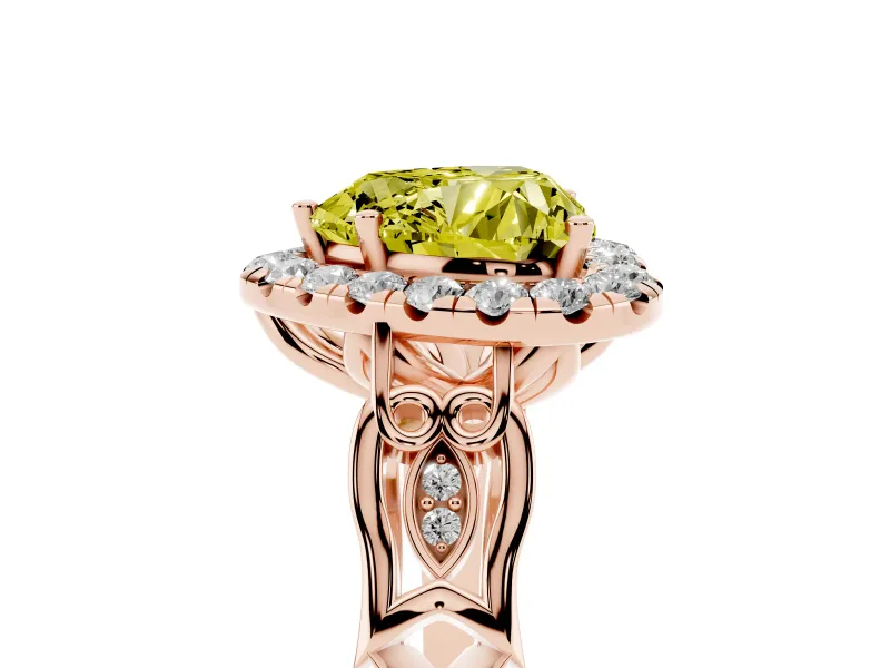 Fancy Yellow Heart Cut Diamond Halo Engagement Ring Set in Rose gold with Filigree Band and Prong-Set Center