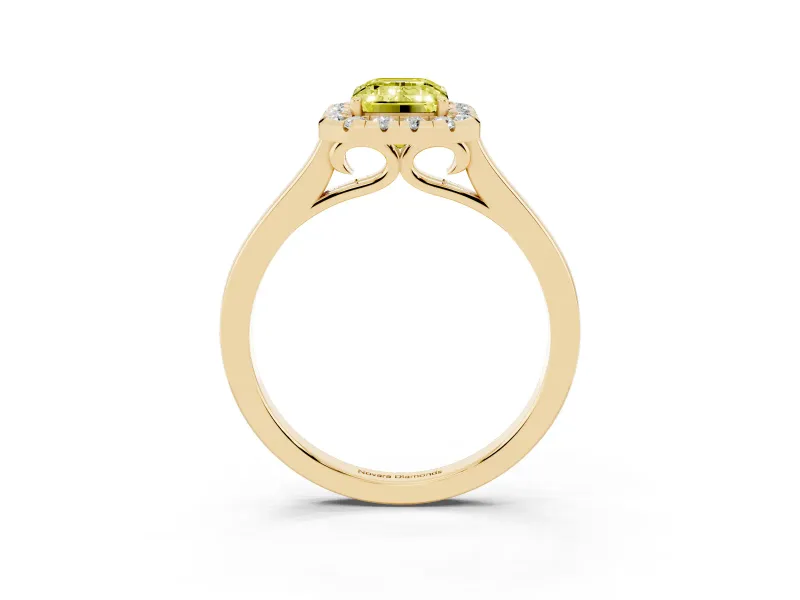 Emerald Cut Halo Engagement Ring Setting for a Fancy Yellow Lab-Grown Diamond | Flat Tapered Band | Yellow Gold
