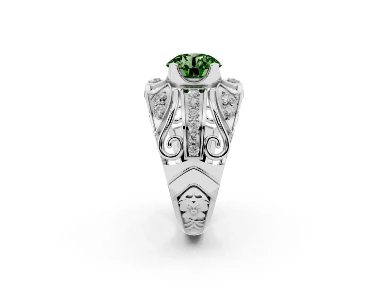 Fancy Green Round Cut Diamond Art Deco Ring Set in Platinum with Pavé Split Shank