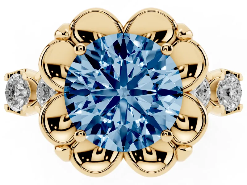 Round Floral Engagement Ring Setting for a Fancy Blue Lab-Grown Diamond | Petal Frame | Yellow Gold