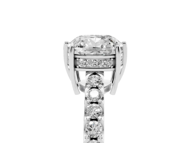 Cushion Cut Hidden Halo Solitaire Engagement Ring Setting | Shared Prong Band | White Gold