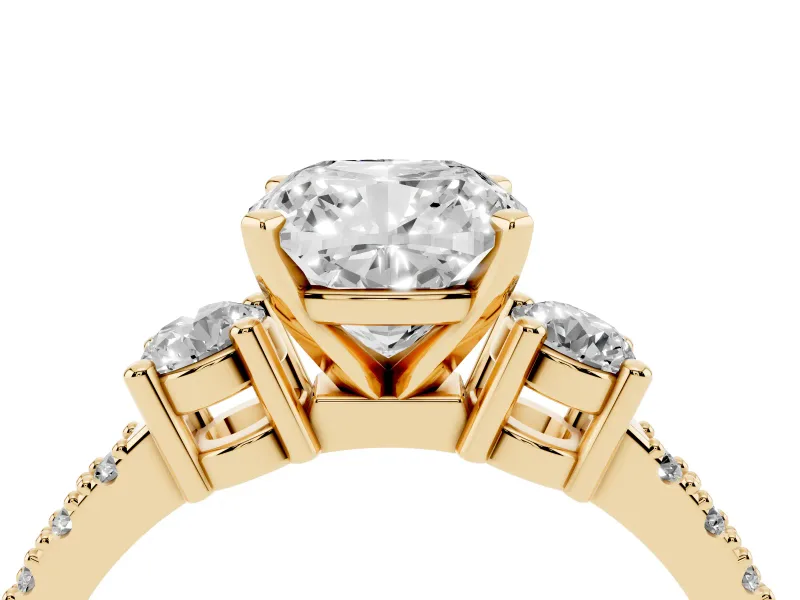 Three-Stone Cushion Cut Diamond Pavé Band Ring Set in Yellow gold with Prong Setting