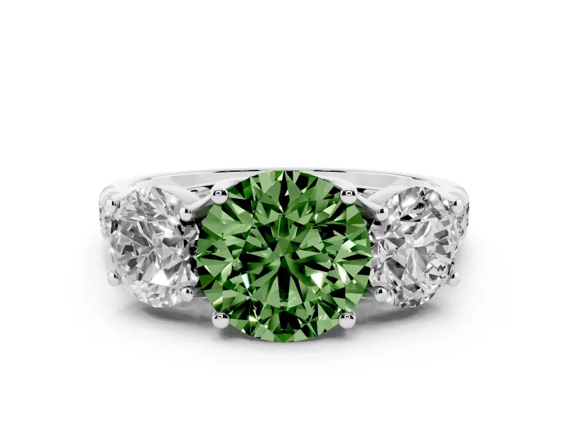 Fancy Green Round Cut Diamond Three-Stone Ring Set in Platinum with Pavé Band