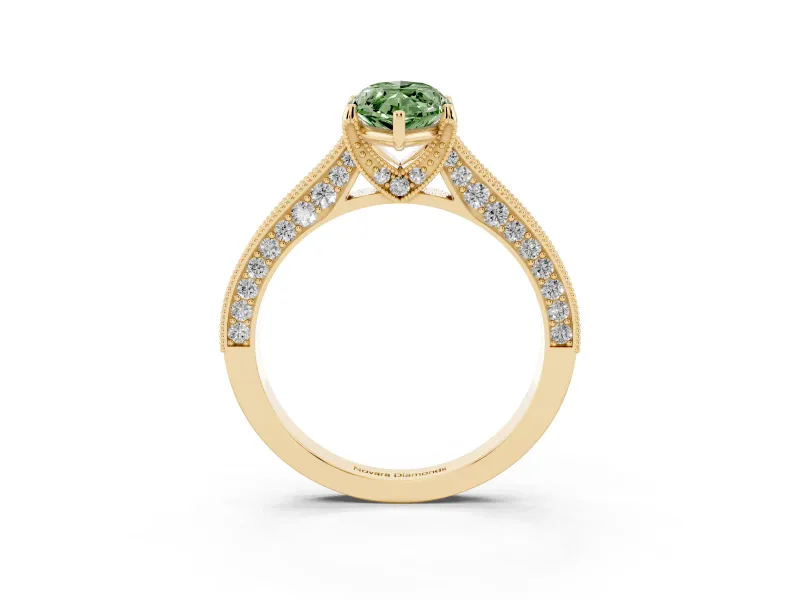 Marquise Hidden Halo Engagement Ring Setting for a Fancy Green Lab-Grown Diamond | Milgrain Pave | Yellow Gold