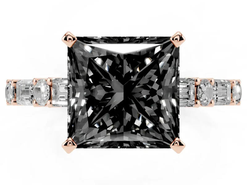 Fancy Black Princess Cut Diamond Solitaire Set in Rose gold with Side Baguettes and Channel Set Band