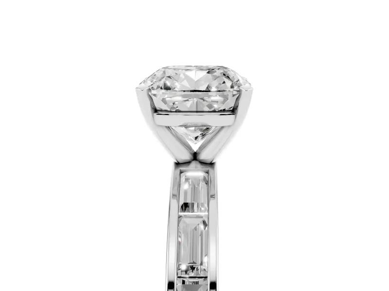 Cushion Cut Diamond Solitaire Ring Set in Silver with Channel-Set Baguette Band and Prong Setting