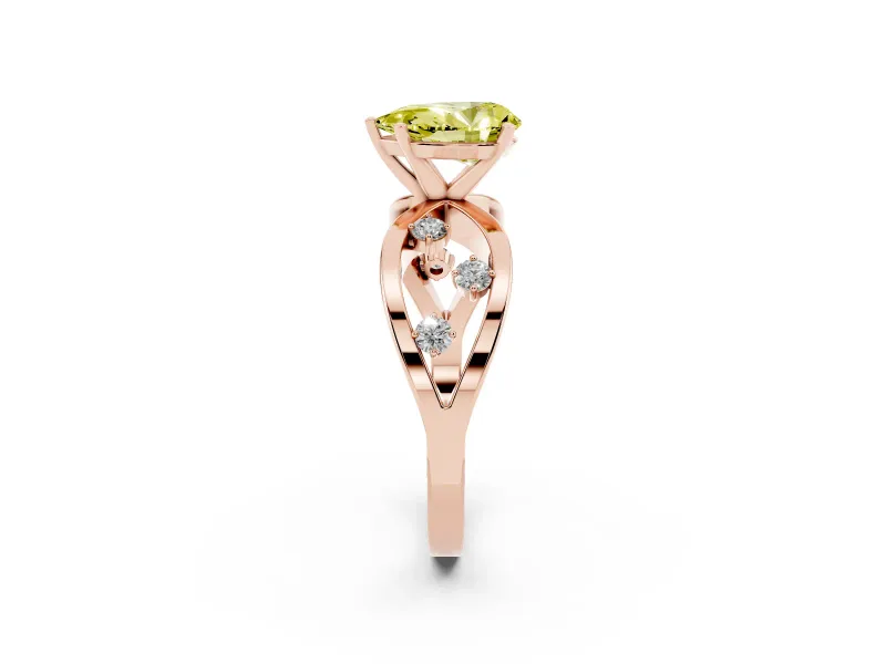 Fancy Yellow Pear Cut Diamond Solitaire Ring Set in Rose gold with Side Stones on Criss-Cross Band and Prong Setting