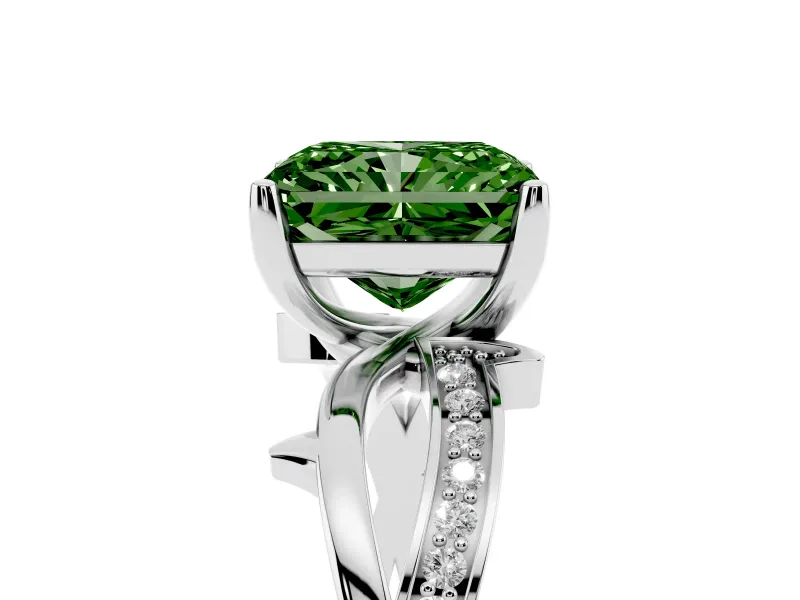 Fancy Green Radiant Cut Diamond Pavé Twist Band Solitaire Ring Set in Silver with Prong Setting