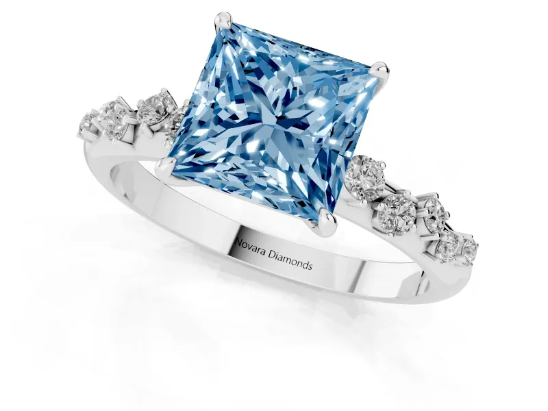 Fancy Blue Princess Cut Diamond Cluster Solitaire Ring Set in Platinum with Prong Setting