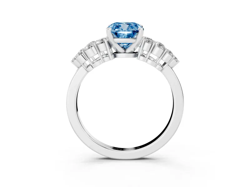 Cushion Cut Side Stone Engagement Ring Setting for a Fancy Blue Lab-Grown Diamond | Two-Row Shoulder Clusters | Platinum