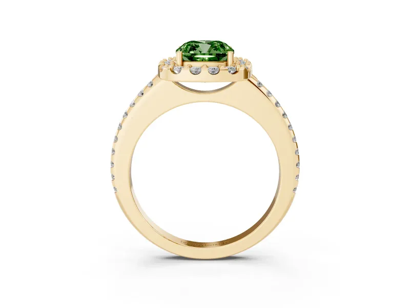 Cushion Cut Pave Halo Engagement Ring Setting for a Fancy Green Lab-Grown Diamond | Pave Band | Yellow Gold