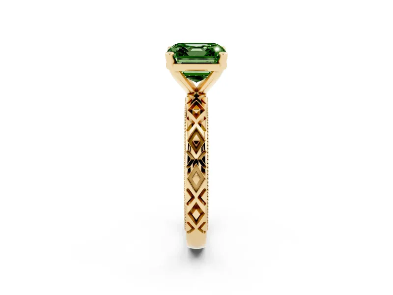 Fancy Green Asscher Cut Diamond Solitaire Ring Set in Yellow gold with Milgrain and Black Enamel X Pattern Band