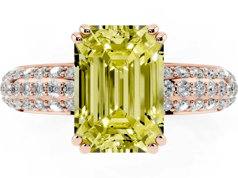 Emerald Cut Three Row Pave Engagement Ring Setting for a Fancy Yellow Lab-Grown Diamond | Rose Gold