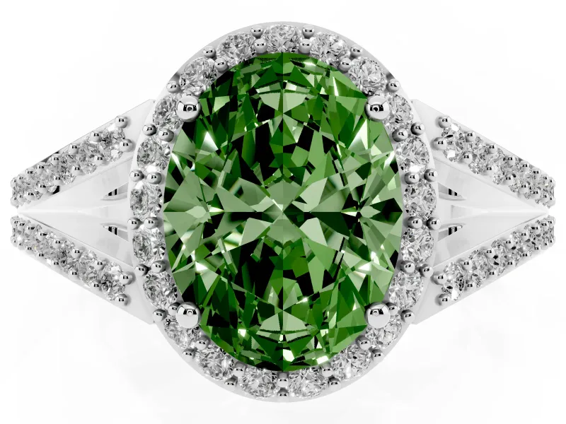 Fancy Green Oval Cut Diamond Halo Split Shank Pavé Ring Set in White gold with Prong Setting