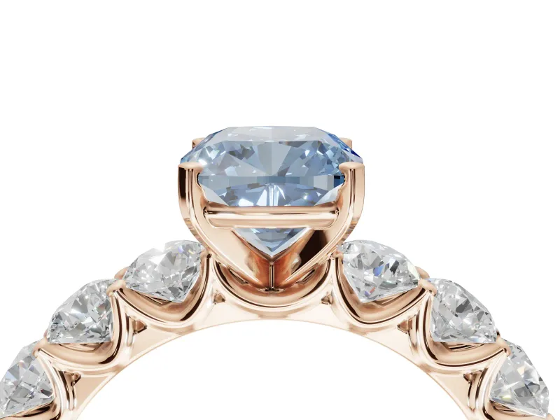 Cushion Cut Side Stone Engagement Ring Setting for a Fancy Blue Lab-Grown Diamond | Scalloped Prong Accents | Rose Gold