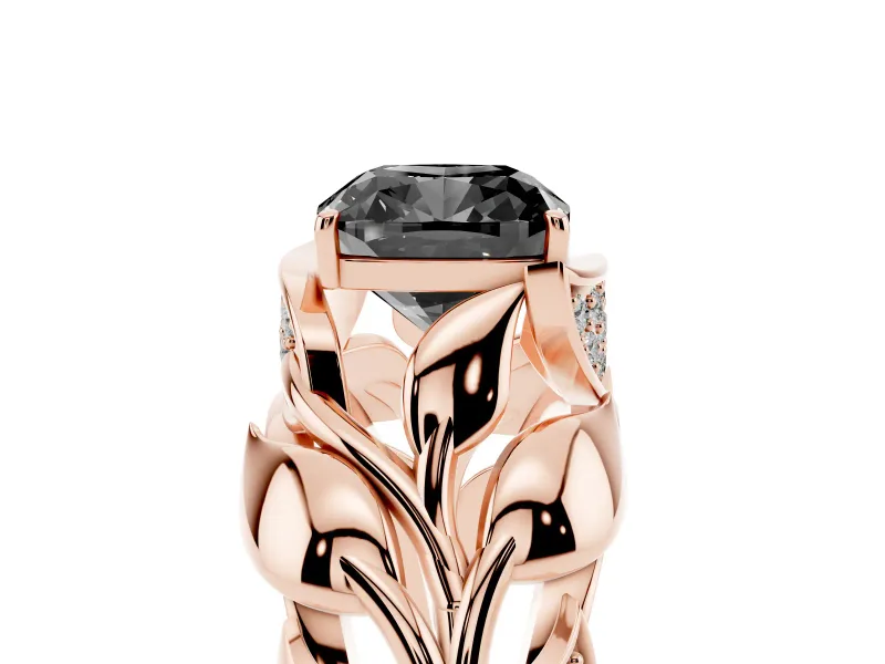 Fancy Black Cushion Cut Diamond Leaf-Inspired Engagement Ring Set in Rose gold with Round Accents