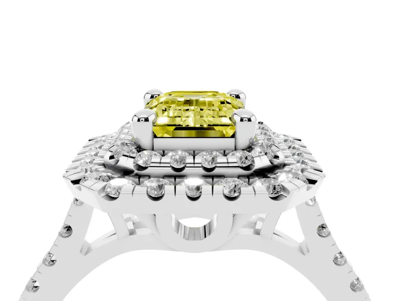 Emerald Cut Double Halo Engagement Ring Setting for a Fancy Yellow Lab-Grown Diamond | Pave Shoulders | Sterling Silver