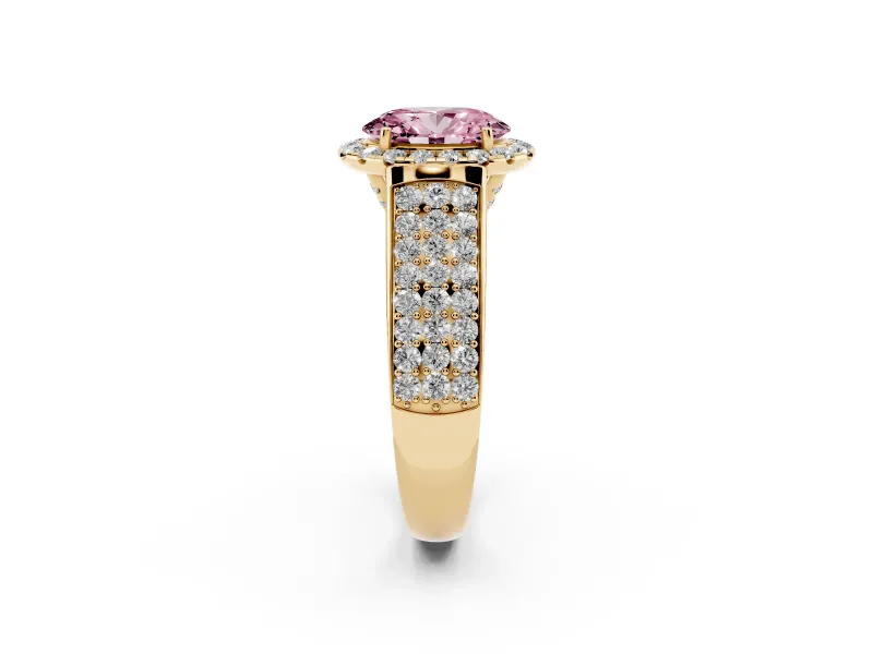 Oval Pavé Engagement Ring Setting for a Fancy Pink Lab-Grown Diamond | Wide Three-Row Band | Yellow Gold