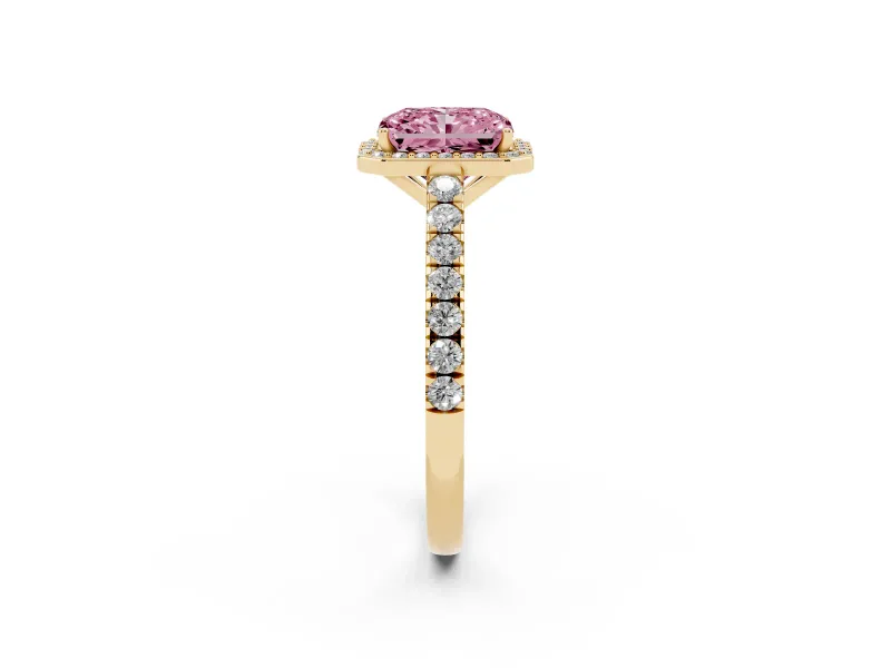 Radiant Cut Halo Pavé Engagement Ring Setting for a Fancy Pink Lab-Grown Diamond | Yellow Gold