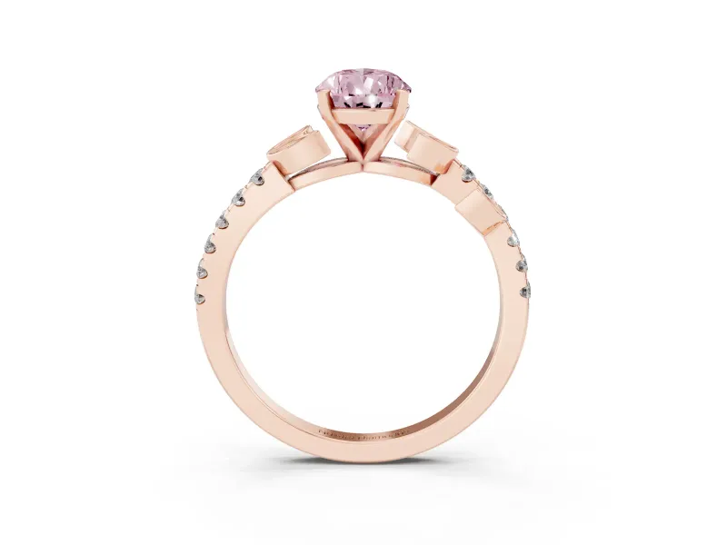 Fancy Pink Pear Cut Diamond Solitaire Leaf-Inspired Ring Set in Rose gold with Pavé Band and Prong Setting