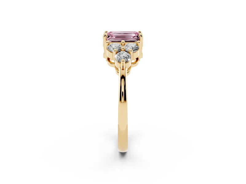 Emerald Cut Cluster Side Stone Engagement Ring Setting for a Fancy Pink Lab-Grown Diamond | Plain Band | Yellow Gold