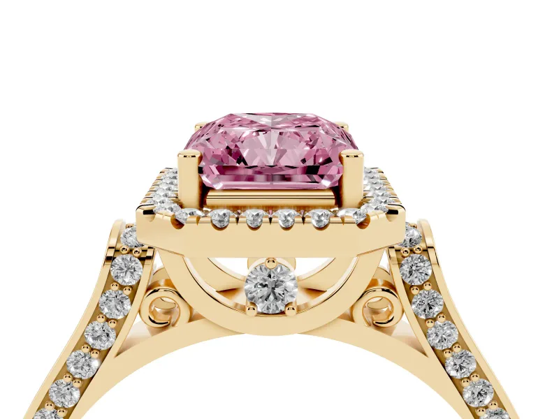 Radiant Cut Halo Engagement Ring Setting for a Fancy Pink Lab-Grown Diamond | Pavé Panel Shoulders | Yellow Gold