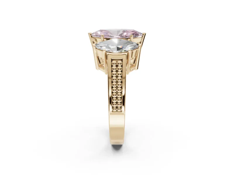 Marquise Three Stone Engagement Ring Setting for a Fancy Pink Lab-Grown Diamond | Beaded Shoulders | Yellow Gold