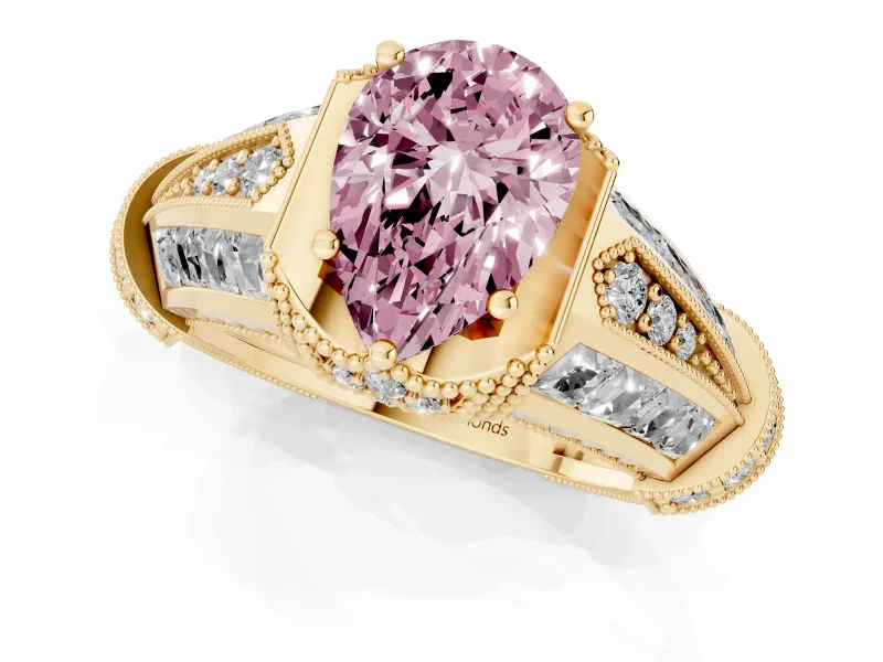 Fancy Pink Pear Cut Diamond Vintage-Inspired Milgrain Ring Set in Yellow gold with Accent Split Shank