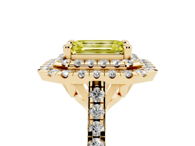Fancy Yellow Emerald Cut Diamond Double Halo Statement Ring Set in Yellow gold with Pavé Band