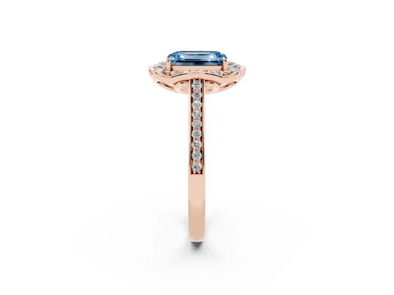 Emerald Cut Halo Engagement Ring Setting for a Fancy Blue Lab-Grown Diamond | Petal Tips | Rose Gold