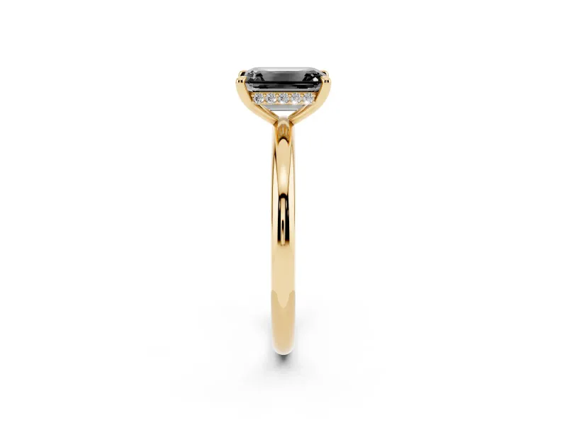 Fancy Black Emerald Cut Diamond Solitaire Ring Set in Yellow gold with Thin Band and Prong Setting