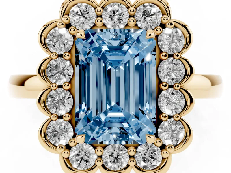 Emerald Cut Scalloped Cluster Halo Engagement Ring Setting for a Fancy Blue Lab-Grown Diamond | Plain Band | Yellow Gold
