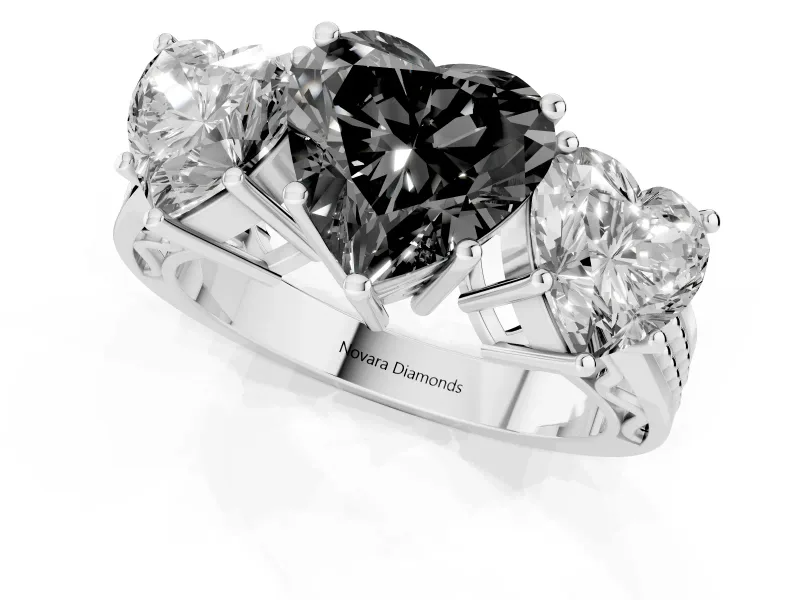 Heart-Shaped Three Stone Engagement Ring Setting for a Black Center | Beaded Shoulders | White Gold