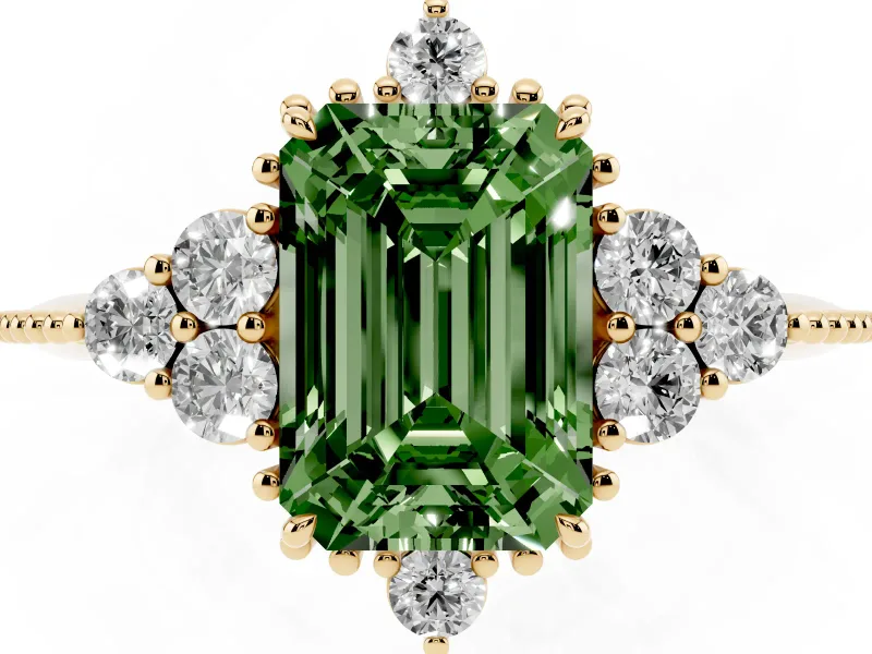 Emerald Cut Cluster Engagement Ring Setting for a Fancy Green Lab-Grown Diamond | Yellow Gold