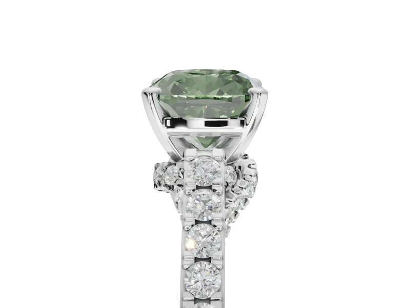 Cushion Cut Pavé Engagement Ring Setting for a Fancy Green Lab-Grown Diamond | Crossover Gallery | Sterling Silver