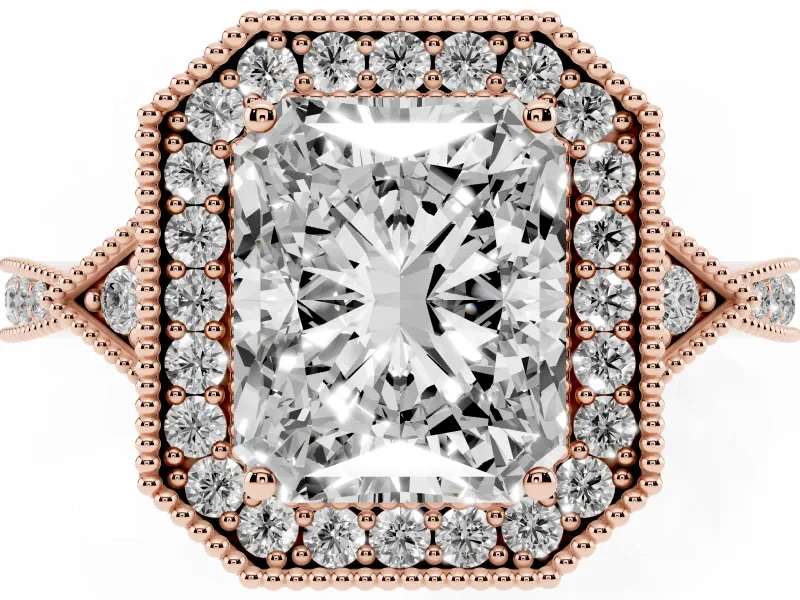 Radiant Cut Diamond Halo Engagement Ring Set in Rose gold with Milgrain Pavé Band