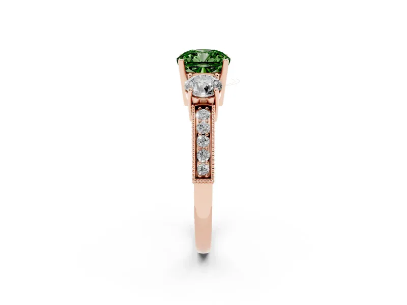 Fancy Green Cushion Cut Diamond Three-Stone Ring Set in Rose gold with Round Side Stones and Pavé Band