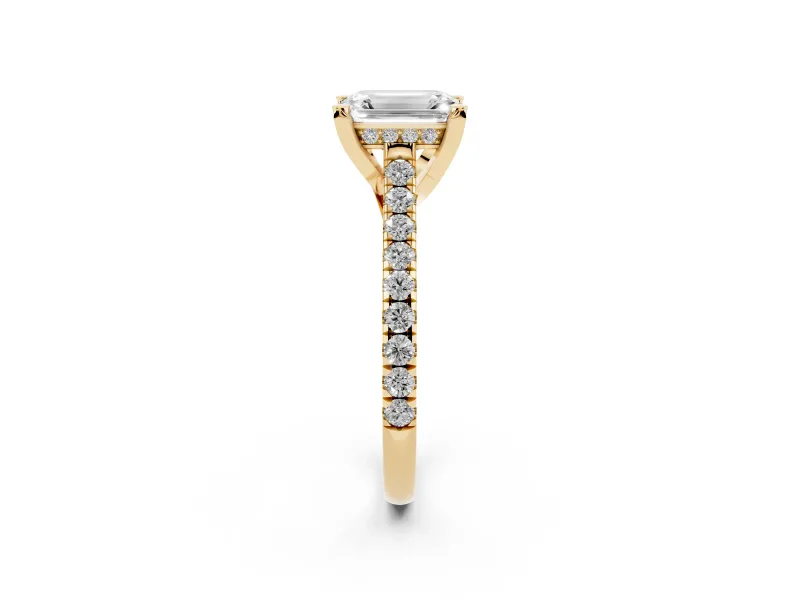 Emerald Cut Hidden Halo Pave Engagement Ring Setting | Claw Prongs | Yellow Gold