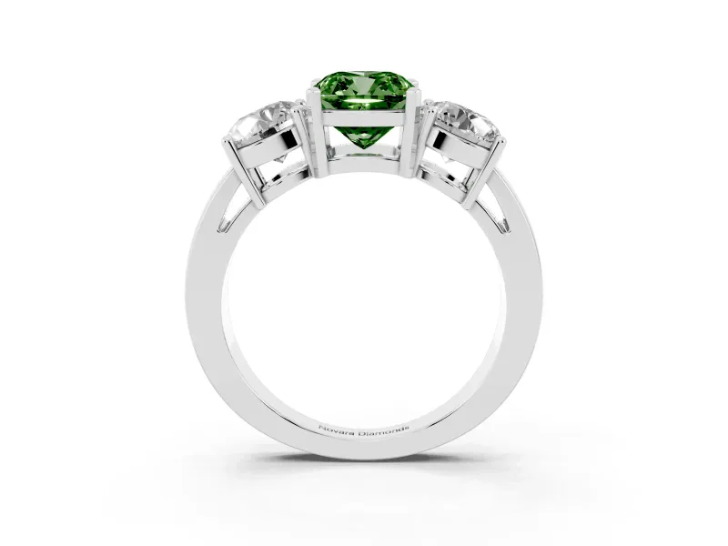 Cushion Cut Three Stone Engagement Ring Setting for a Fancy Green Lab-Grown Diamond | Wide Plain Band | White Gold