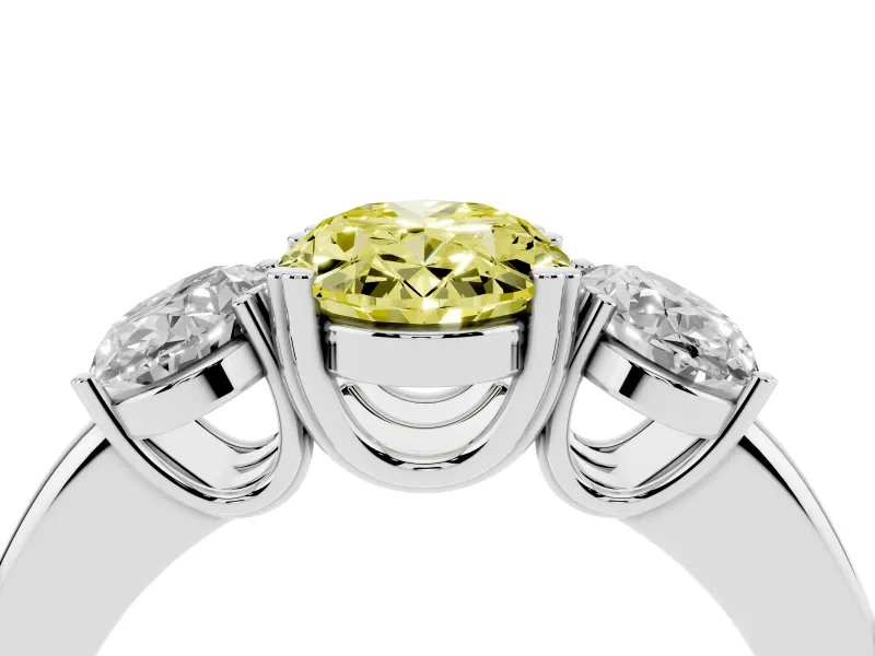 Fancy Yellow Oval Cut Diamond Three-Stone Ring Set in White gold with Polished Band and Prong Setting