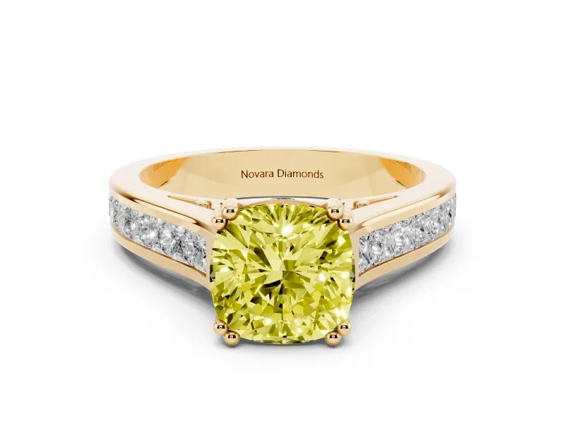 Fancy Yellow Cushion Cut Diamond Channel Set Solitaire Engagement Ring Set in Yellow gold with Prong Setting