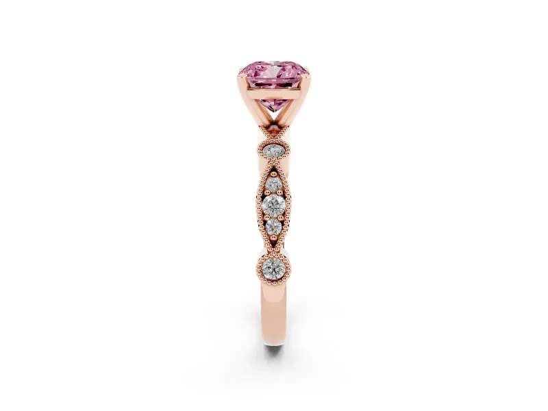 Fancy Pink Cushion Cut Diamond Solitaire Engagement Ring Set in Rose gold with Milgrain Bezel Accent Band