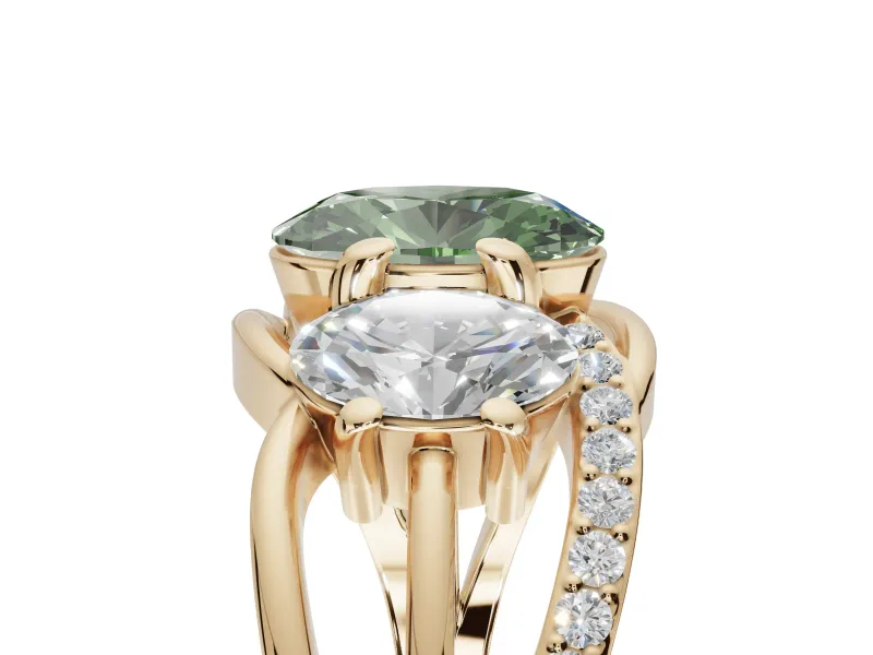 Oval Three Stone Split Shank Engagement Ring Setting for a Fancy Green Lab-Grown Diamond | Matching Sides | Yellow Gold