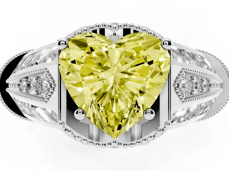 Fancy Yellow Heart Cut Diamond Vintage-Inspired Milgrain Ring Set in White gold with Accent Split Shank