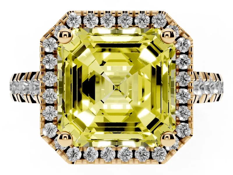 Asscher Cut Accented Halo Engagement Ring Setting for a Fancy Yellow Lab-Grown Diamond | Yellow Gold