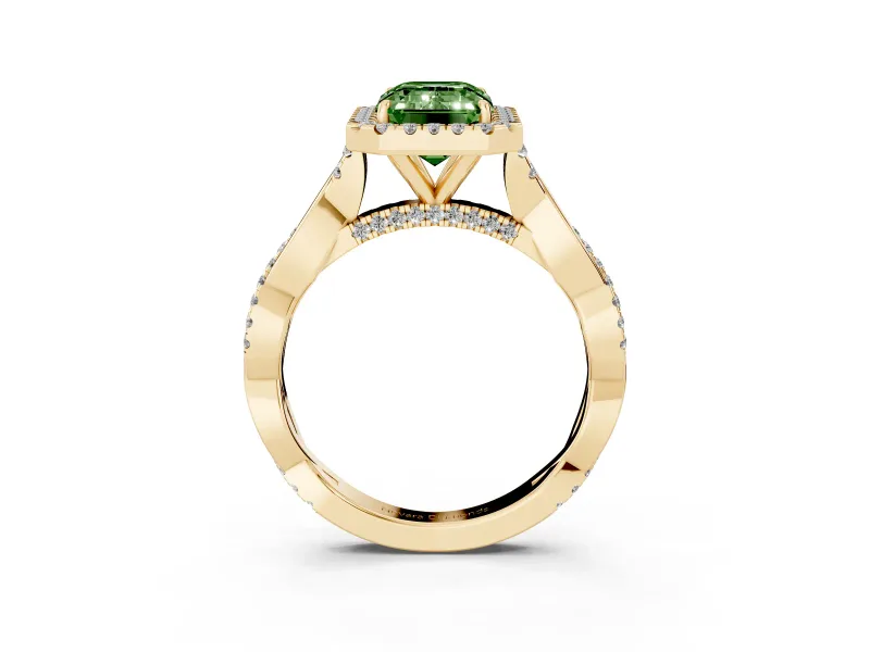 Emerald Cut Twist Halo Engagement Ring Setting for a Fancy Green Lab-Grown Diamond | Yellow Gold