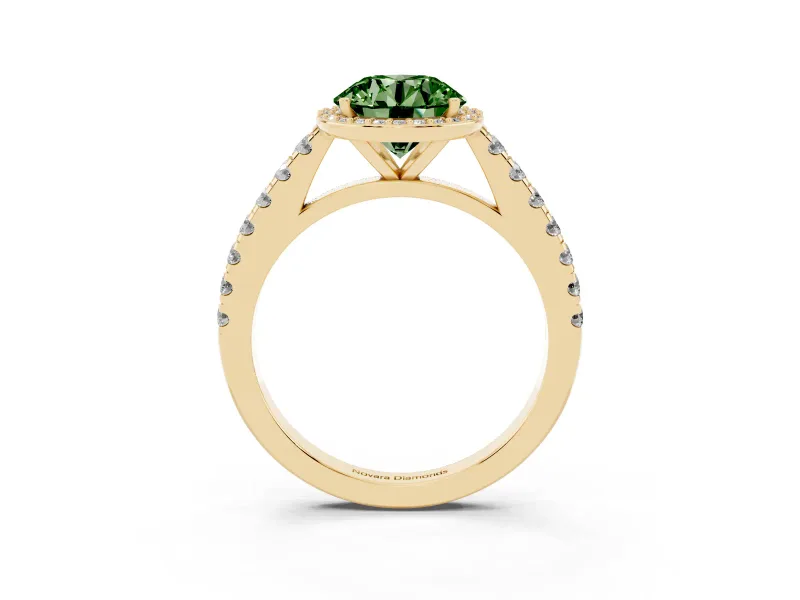Fancy Green Round Cut Diamond Halo Engagement Ring Set in Yellow gold with Pavé Band and Prong Setting