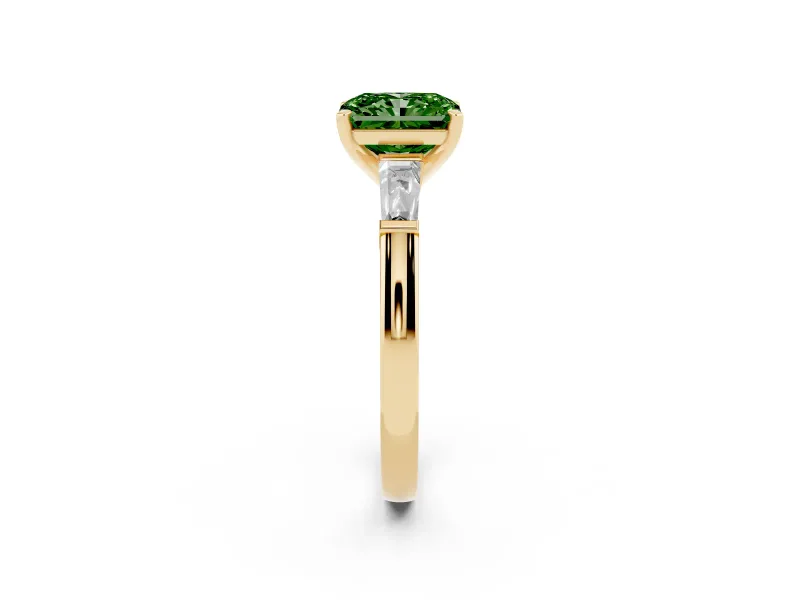 Fancy Green Radiant Cut Diamond Solitaire Ring Set in Yellow gold with Tapered Baguette Side Stones and Prong Setting