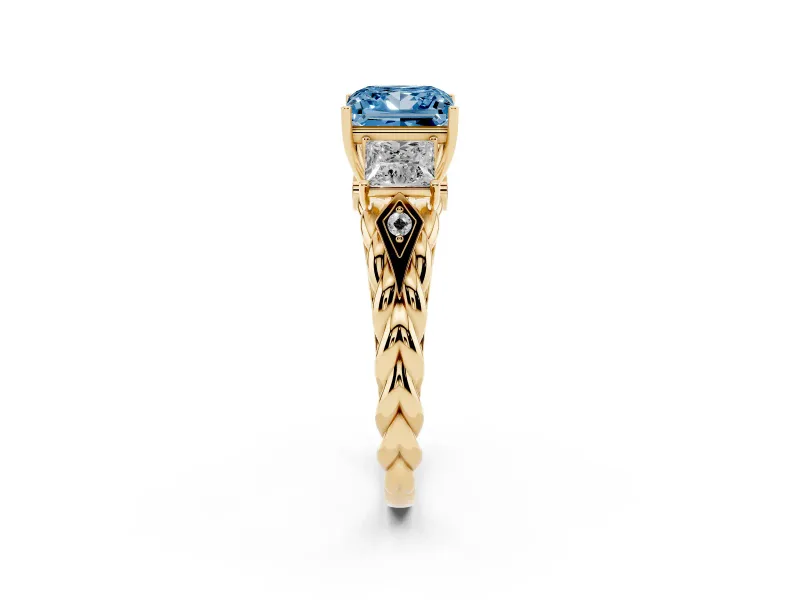 Fancy Blue Princess Cut Diamond Three-Stone Ring Set in Yellow gold with Braided Band